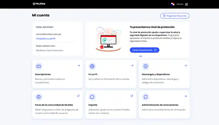 Panel McAfee Total Protection